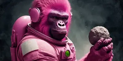 AI-generated digital art of a pink ape astronaut floating in space while holding a stone. The image is created using hiCreo's AI image generation platform in a photorealistic style.