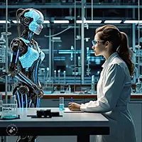 AI robot and woman scientist facing each other in a futuristic lab