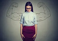 Introverted woman with strong arms drawn behind her, symbolizing inner strength and overcoming presentation anxiety