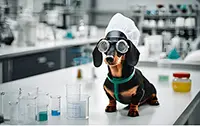 Dachshund dressed as a scientist in a lab, illustrating persuasive presentation techniques using hicreo.com tools