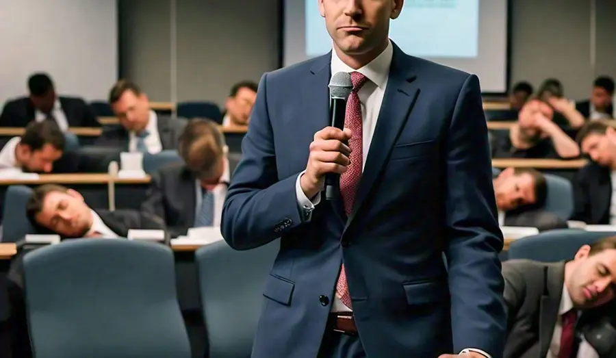 Presenter stands alone at podium, audience asleep behind them, oblivious to presentation.