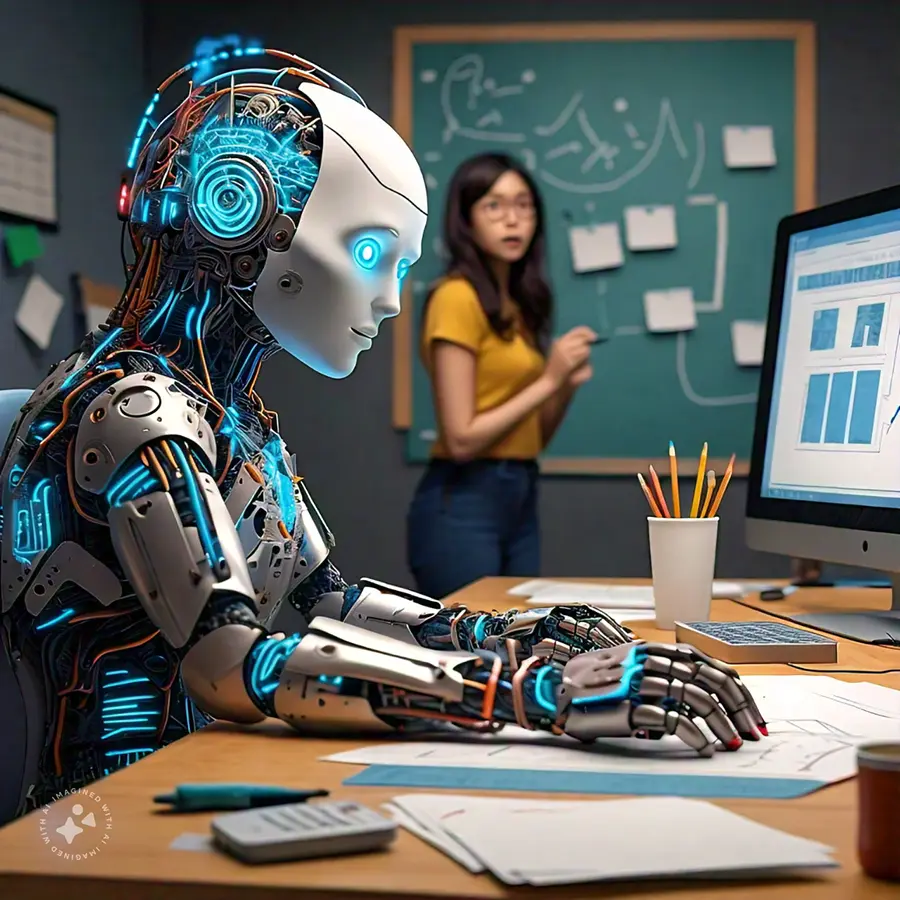 AI robot designing a presentation with a person waiting in the background, illustrating the power of AI in automating slide design and data visualization