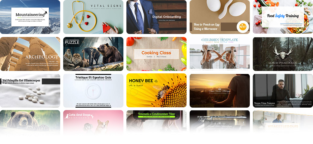 Browse hiCreoʼs AI-powered eLearning templates - 5 rows and 4 columns of various template thumbnails