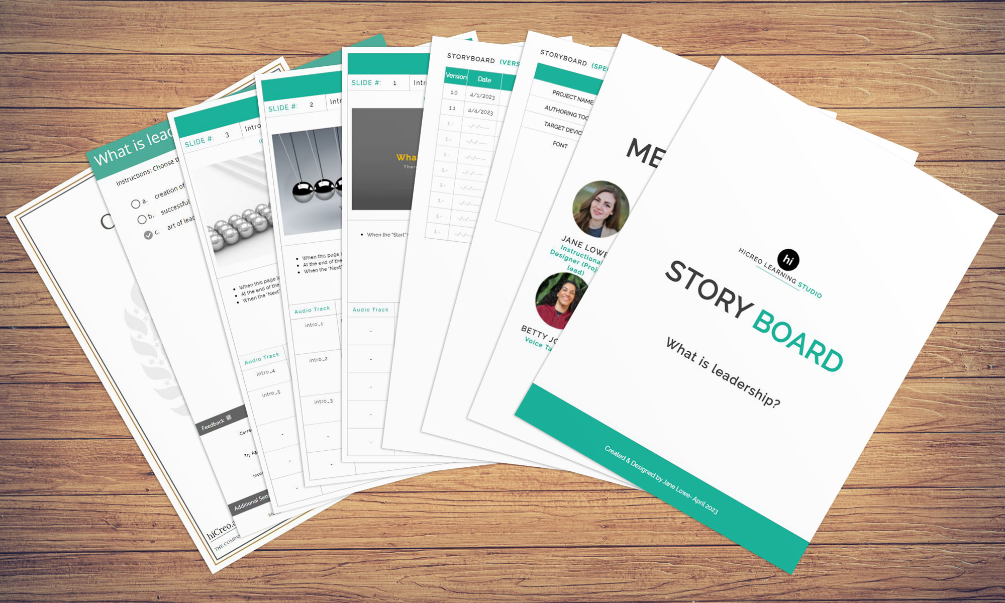 eLearning storyboard templates spread on a desk with the course title 'What is Leadership?' created using the hiCreo platform