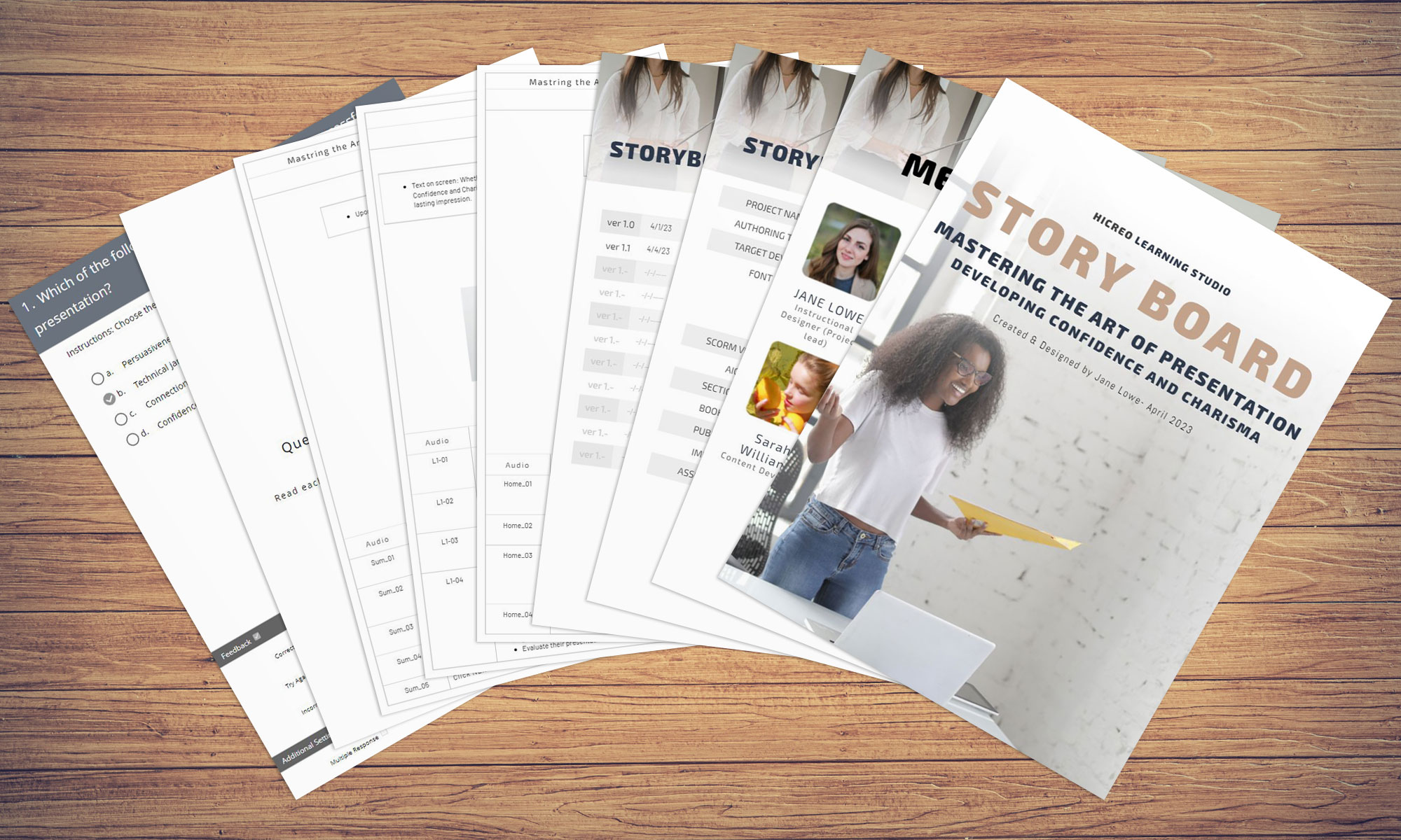 eLearning storyboard templates spread on a desk with the course title 'Mastering the Art of Presentation: Developing Confidence and Charisma' created using the hiCreo platform