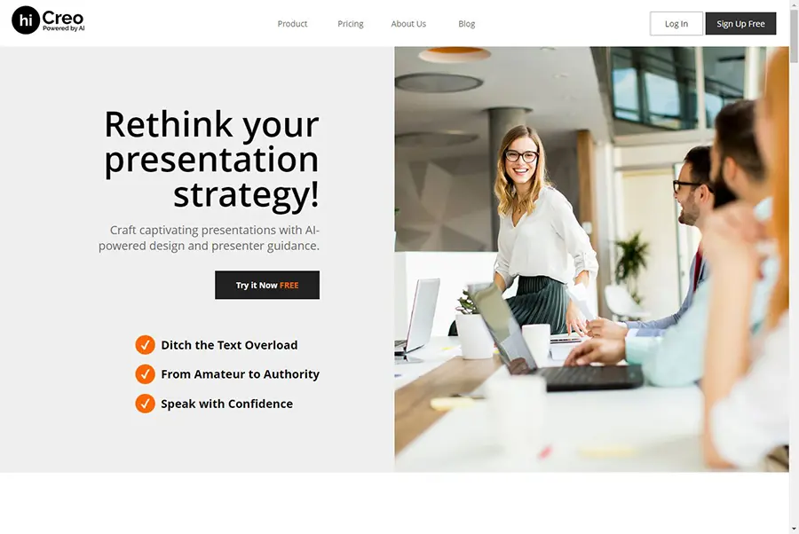 hicreo.com website homepage for AI-powered presentation sign-up, with professionals discussing strategies in a modern office.