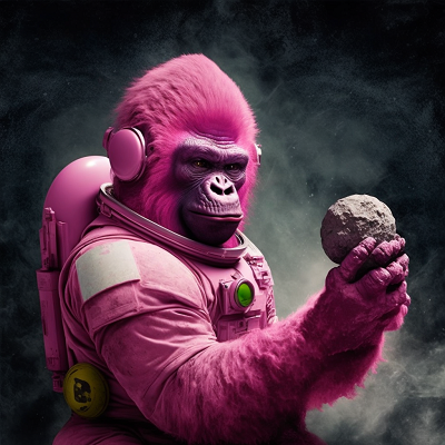 AI-generated digital art of a pink ape astronaut floating in space while holding a stone. The image is created using hiCreo's AI image generation platform in a photorealistic style.