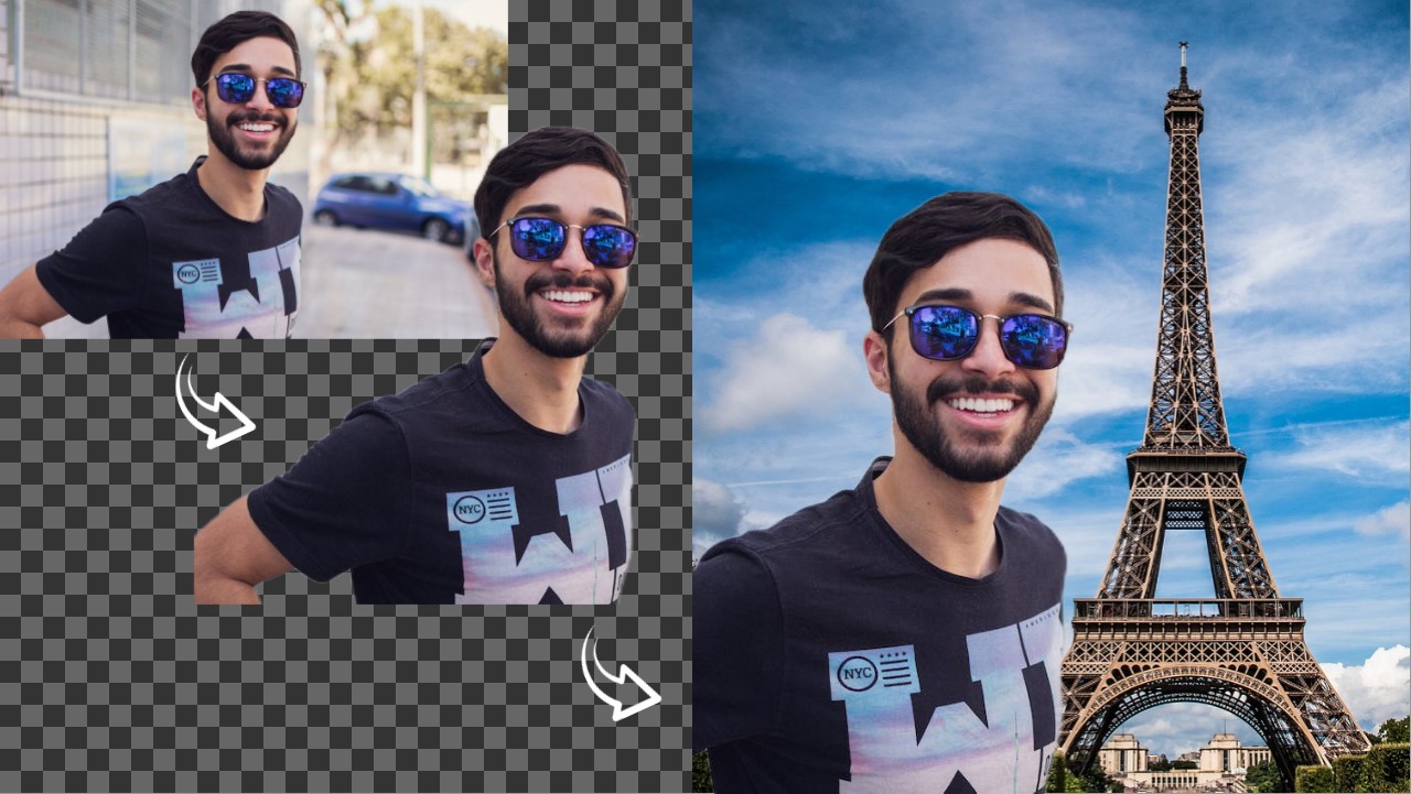A step-by-step guide for removing the background from an image using hiCreo's AI design platform. The left image shows a man wearing sunglasses on a street, the center image shows the background removed, and the right image shows the man standing in front of the Eiffel Tower in France.