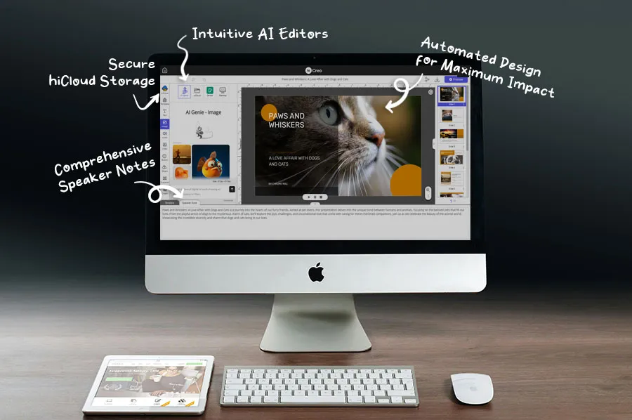 hicreo.com interface showcasing intuitive AI editors, automated design for maximum impact, comprehensive speaker notes, and secure hiCloud storage on a desktop computer.