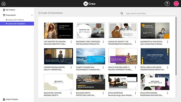 hicreo.com Create with Templates section showing a variety of professionally crafted presentation templates
