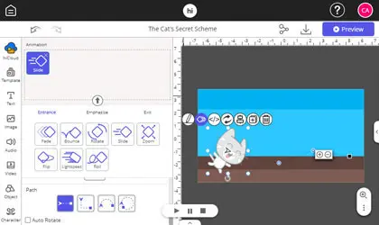 hicreo.com feature for adding animations and transitions to slides using the drag and drop animation tool