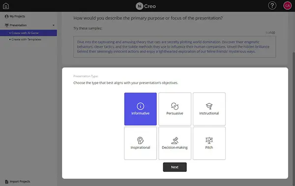 hicreo.com step 2: Selecting the presentation type to align with objectives