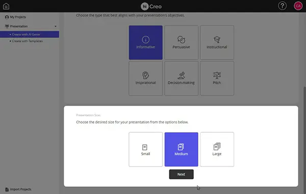 hicreo.com step 3: Selecting the desired presentation size