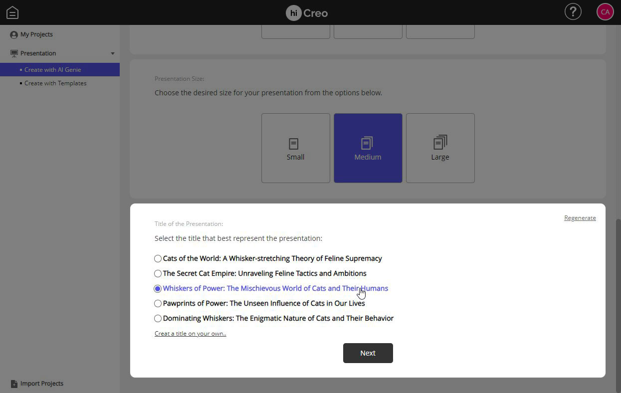 hiCreo.ai step 4: Choosing a title from the list of suggestions or creating your own