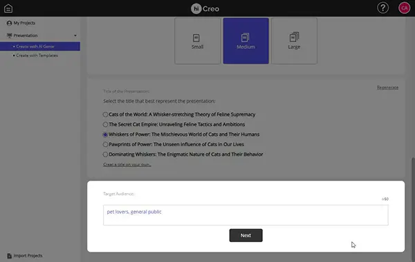 hiCreo.ai step 5: Listing the target audience for the presentation