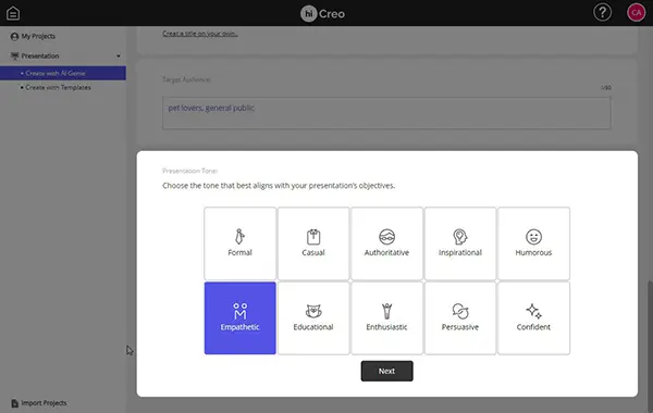 hicreo.com step 6: Selecting the tone that aligns with presentation objectives